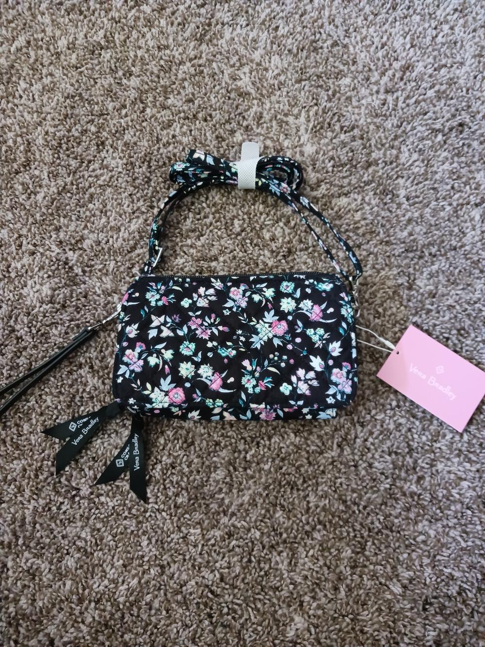 Vera Bradley Black Floral Crossbody with Pink and Mint Accents RFID